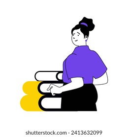 Book reading concept with cartoon people in flat design for web. Woman with stacks of book getting new information and knowledge. Vector illustration for social media banner, marketing material.