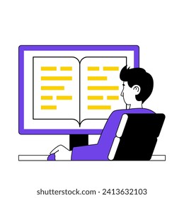 Book reading concept with cartoon people in flat design for web. Man reads e-book at computer screen, researching electronic textbooks. Vector illustration for social media banner, marketing material.