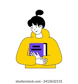 Book reading concept with cartoon people in flat design for web. Woman is bookworm and hugging her favourite novel or fairytale text. Vector illustration for social media banner, marketing material.