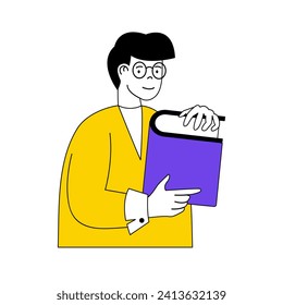 Book reading concept with cartoon people in flat design for web. Man holding big dictionary or encyclopedia, learning with textbook. Vector illustration for social media banner, marketing material.