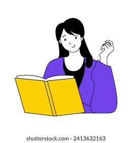 Book reading concept with cartoon people in flat design for web. Woman reads textbooks or choosing new graphic novel at bookshop. Vector illustration for social media banner, marketing material.