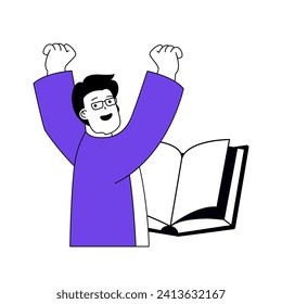Book reading concept with cartoon people in flat design for web. Happy man reads open novel, enjoying literature and doing hobby. Vector illustration for social media banner, marketing material.