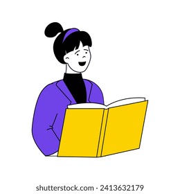 Concepto de lectura de libros con caricaturas en diseño plano para la web. Las mujeres aprenden con libros de texto, buscando información en la enciclopedia. Ilustración vectorial para banner de medios sociales, material de marketing.