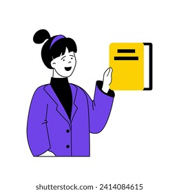 Book reading concept with cartoon people in flat design for web. Woman researching dictionary and textbook, choosing novel in bookshop. Vector illustration for social media banner, marketing material.