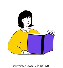 Book reading concept with cartoon people in flat design for web. Woman holds open book, enjoying pastime with literature at library. Vector illustration for social media banner, marketing material.