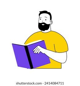 Book reading concept with cartoon people in flat design for web. Man reads open book, researching new intellectual novel in library. Vector illustration for social media banner, marketing material.