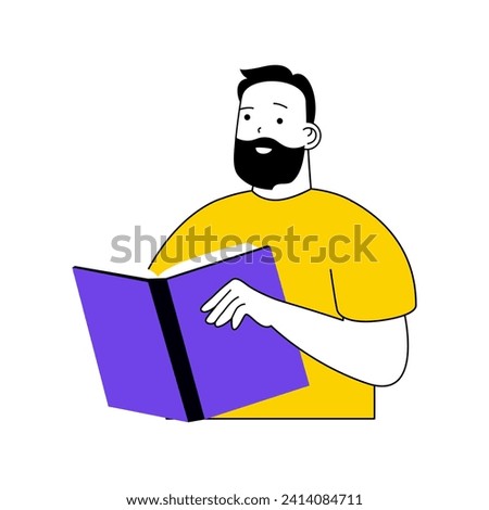 Book reading concept with cartoon people in flat design for web. Man reads open book, researching new intellectual novel in library. Vector illustration for social media banner, marketing material.