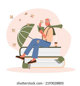 Book reading concept, elderly man sitting on a pile of books and reading a book. Education, poetry and study. Literature lover or bookworm metaphor, vector illustration. Autumn mood.