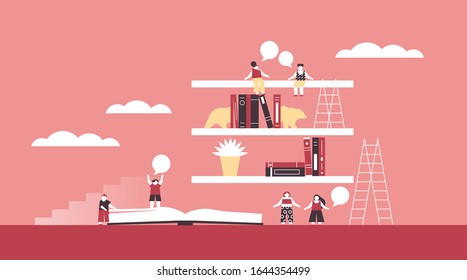 Book reading concept illustration of diverse social people group around books in modern minimalist flat cartoon style. 