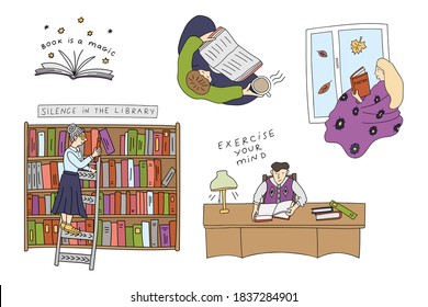 Book reading concept illustration set. Collection of doodle style book illustration