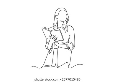 Book reading concept. Single line draw design vector graphic illustration.