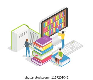 Book reading concept. Small people with pile of huge books. Education online read training courses distance learning tutorials and student online library vector background