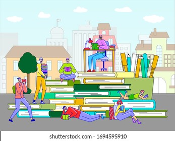 Book reading concept vector illustration with cartoon character readers in outline style. Young people read literature and study. Man and woman with giant pile of textbooks and school supplies in cup.