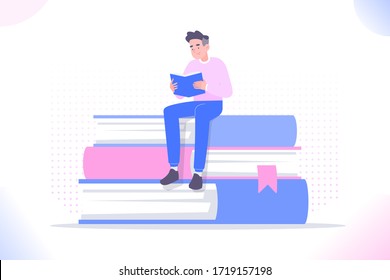 Book reading concept, young man or student sitting on pile of books and reading book. Education, preparing and studying for exam. Literature lover or bookworm metaphor, vector illustration