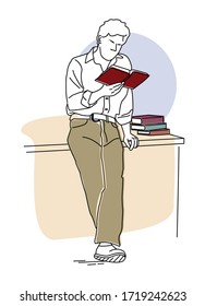 Book reading concept. Young man is reading the book standing at desk. Flat cartoon linear outline.