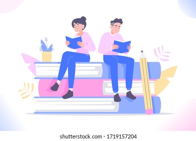 Book reading concept, young people or students sitting on pile of books and reading books. Education, preparing and studying for exam. Literature lovers or bookworms metaphor, vector illustration