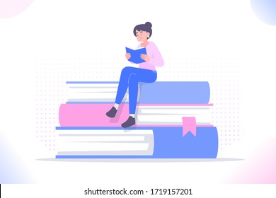 Book reading concept, young woman or student sitting on pile of books and reading book. Education, preparing and studying for exam. Literature lover or bookworm metaphor, vector illustration