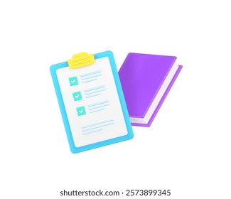 Book reading to do list complete time management education 3d icon realistic vector illustration. Business planning efficiency and productivity success control organization work process