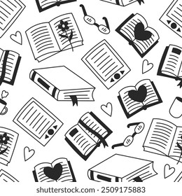 Book Reading Doodle Seamless Pattern. Hand drawn falling paper and eBook novels and publications with eyeglasses and heart shapes. Literature repeat vector illustration.