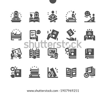 Book and reading. Electronic book on computer. Library. Reader, student, school, knowledge, literature, textbook and learning. Favorite edition. Vector Solid Icons. Simple Pictogram