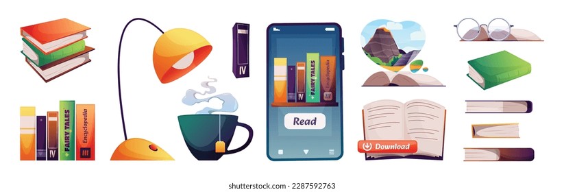 Book reading elements. Library home read and self education elements, mobile book reader app, stack of books with desk lamp and cup of tea. Vector cartoon set. Elements for studying