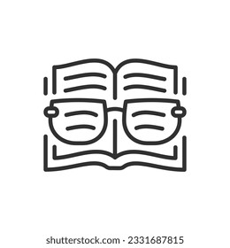 A book and reading glasses, linear icon. Line with editable stroke