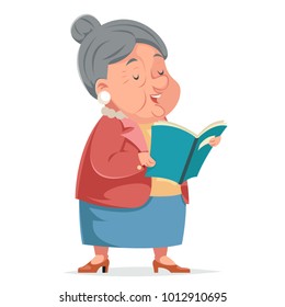 Book Reading Grandmother Old Woman Granny Character Adult Icon Cartoon Design Vector Illustration