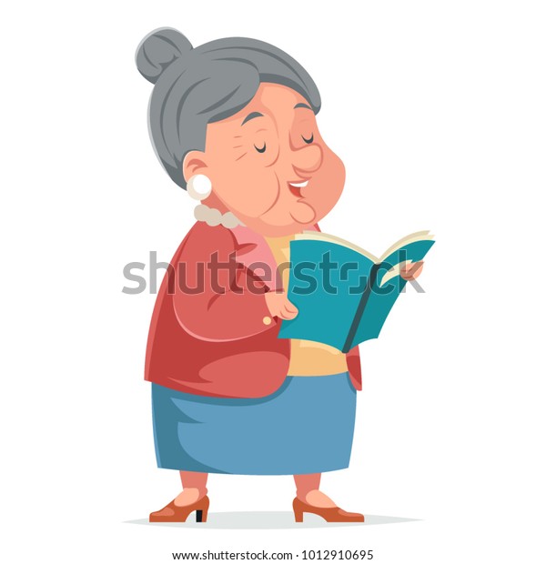 本を読むおばあさん老婆のおばあちゃんのキャラクター大人のアイコン漫画デザインベクターイラスト のベクター画像素材 ロイヤリティフリー