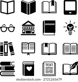 Conjunto de iconos de libro y lectura. Contiene libros abiertos, edificios de Biblioteca, lectores de libros electrónicos, gafas y símbolos educativos.