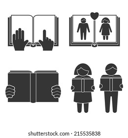 Book reading icons set with black people silhouettes isolated vector illustration.