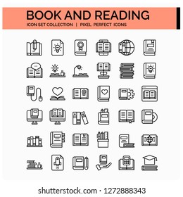 Book And Reading Icons Set. UI Pixel Perfect Well-crafted Vector Thin Line Icons. The illustrations are a vector.