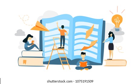 Book reading illustration. People sitting and reading.