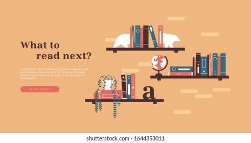 Book reading illustration template for landing page background. Modern minimalist books shelf collection with home interior decoration, leisure literature or textbook education concept.