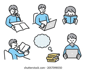 Book reading illustrations .study, skill up, knowledge, discovery, entrance examination, test, research, know, understand, save, work.