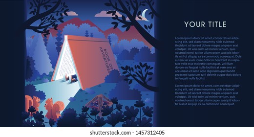 Book Reading imagination and camping concept vector illustration in perspective