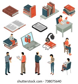 Book reading isometric set with electronic book headphones shelves of paper books  reading people in different poses isolated vector illustration