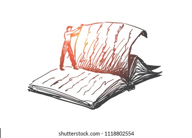 Book, reading, library, read concept. Hand drawn person standing on giant book and thumbs page concept sketch. Isolated vector illustration.