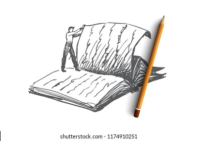 Book, reading, library, read concept. Hand drawn person standing on giant book and thumbs page concept sketch. Isolated vector illustration.