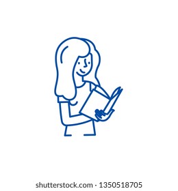 Concepto de icono de línea de lectura de libros. Libro leyendo símbolo de vector plano, signo, ilustración de contorno.
