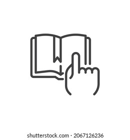 Book reading line icon. linear style sign for mobile concept and web design. Finger pointing book outline vector icon. Symbol, logo illustration. Vector graphics