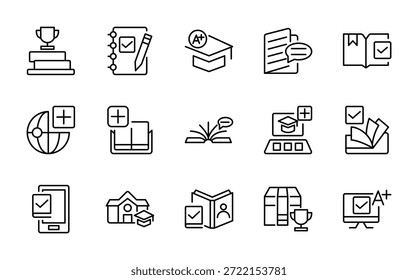 Conjunto de iconos de libro y línea de lectura. Libro de texto, escuela, lengua, educación, Biblioteca, curso, curso de audio, revista, iconos de cómic. Trazo de Vector editable