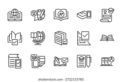 Conjunto de iconos de libro y línea de lectura. Libro de texto, escuela, lengua, educación, Biblioteca, curso, curso de audio, revista, iconos de cómic. Trazo de Vector editable