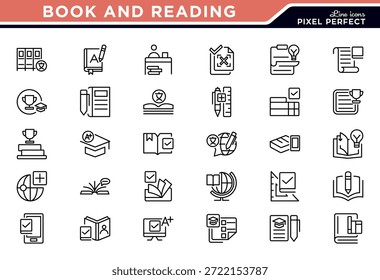 Conjunto de iconos de libro y línea de lectura. Libro de texto, escuela, lengua, educación, Biblioteca, curso, curso de audio, revista, iconos de cómic. Trazo de Vector editable
