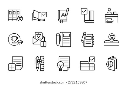 Conjunto de iconos de libro y línea de lectura. Libro de texto, escuela, lengua, educación, Biblioteca, curso, curso de audio, revista, iconos de cómic. Trazo de Vector editable