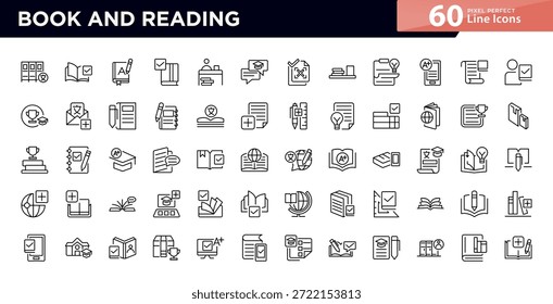 Conjunto de iconos de libro y línea de lectura. Libro de texto, escuela, lengua, educación, Biblioteca, curso, curso de audio, revista, iconos de cómic. Trazo de Vector editable