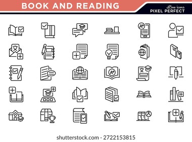 Conjunto de iconos de libro y línea de lectura. Libro de texto, escuela, lengua, educación, Biblioteca, curso, curso de audio, revista, iconos de cómic. Trazo de Vector editable