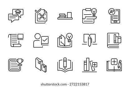 Conjunto de iconos de libro y línea de lectura. Libro de texto, escuela, lengua, educación, Biblioteca, curso, curso de audio, revista, iconos de cómic. Trazo de Vector editable