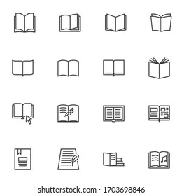 Book reading line icons set. linear style symbols collection, outline signs pack. Open book pages vector graphics. Set includes icons as educational literature, bookstore, textbook, notebook, ebook