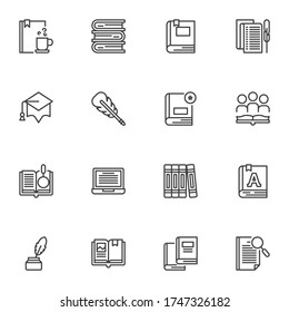Book reading line icons set, literature outline vector symbol collection, linear style pictogram pack. Signs, logo illustration. Set includes icons as book stack, education, dictionary, e-book, write