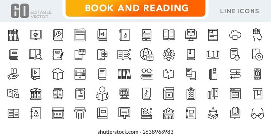 Book and reading linear icon set. knowledge, library, dictionary, ebook, school, paper, success, achievement, thinking, light bulb, genius idea outline vector icon set. UI thin line icon pack.